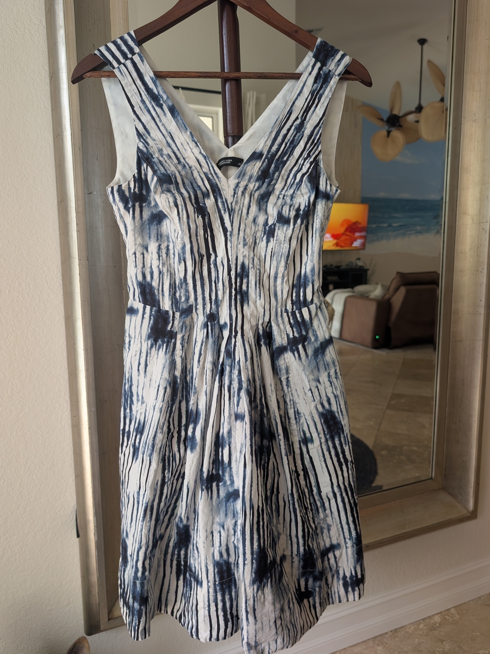 Simply Vera Vera Wang Navy and White Tie-Dye V-Neck Dress